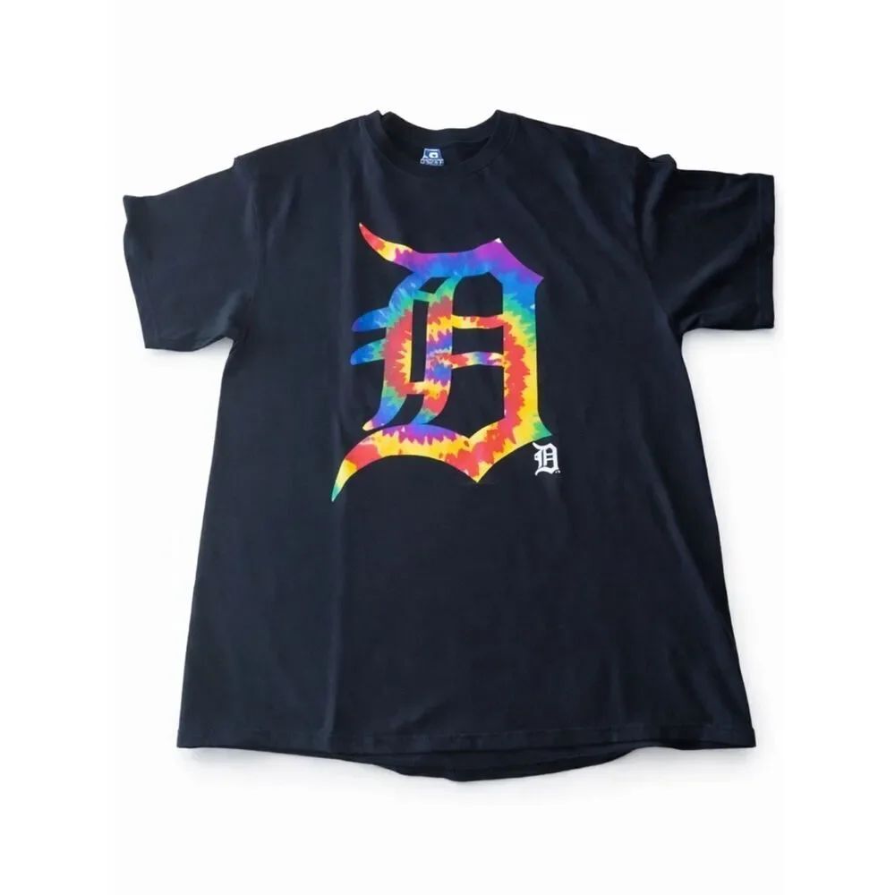 Detroit Tigers Tie Dye Black Graphic Tee Rainbow Logo MLB Streetwear Men L